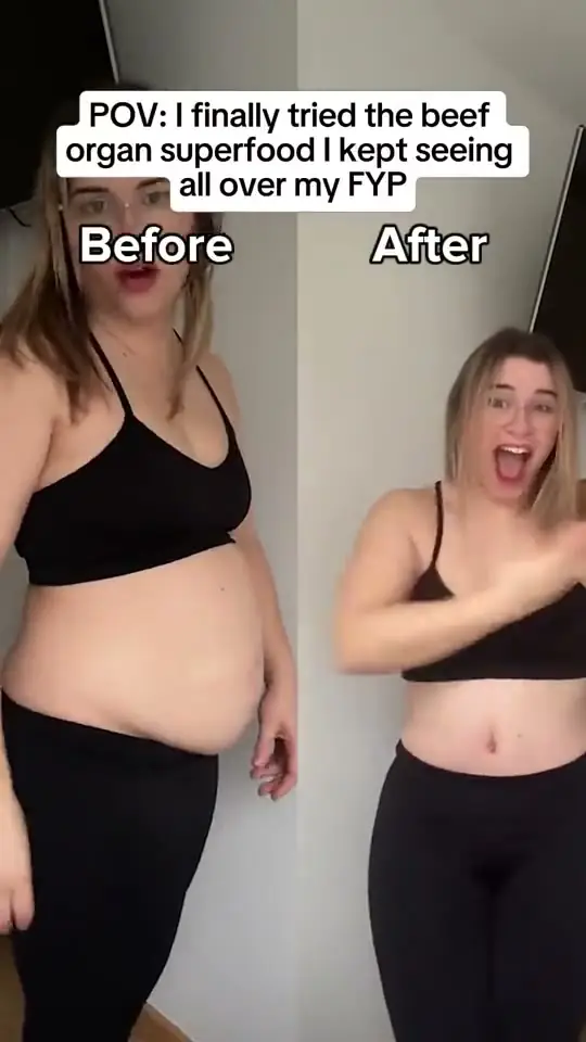 Split-screen before and after ad for a beef organ supplement, captioned as a first-person discovery