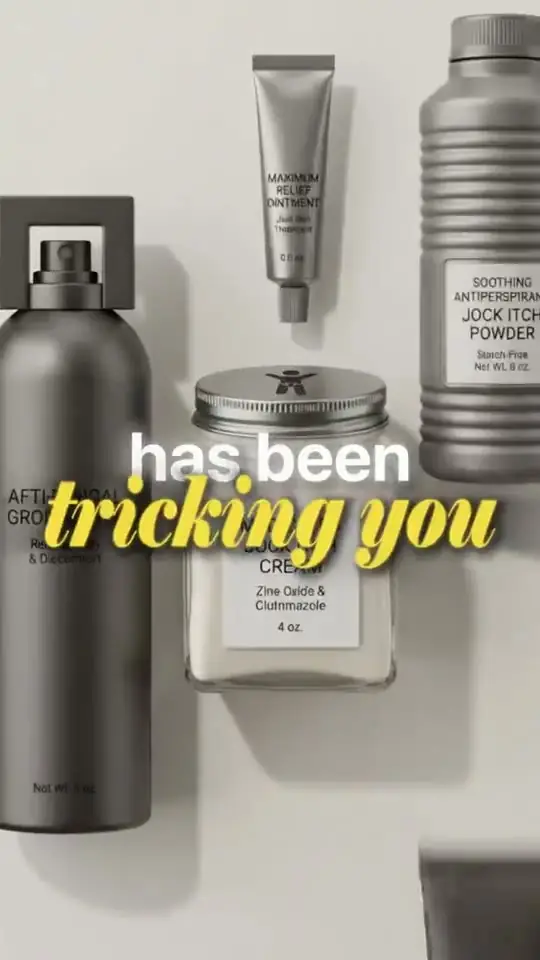 Grooming ad: a flat lay of men's antifungal products with the line 'has been tricking you'