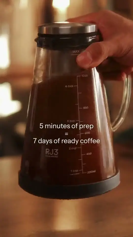 Cold brew ad: pouring a pitcher of coffee, five minutes of prep for seven days of coffee